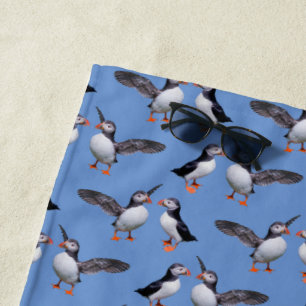 Puffin Frenzy Beach Towel (Blue)