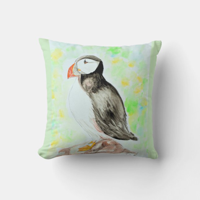 Puffin Ink and Watercolor Painting Cushion (Front)