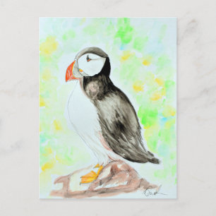 Puffin Ink and Watercolour Painting Postcard