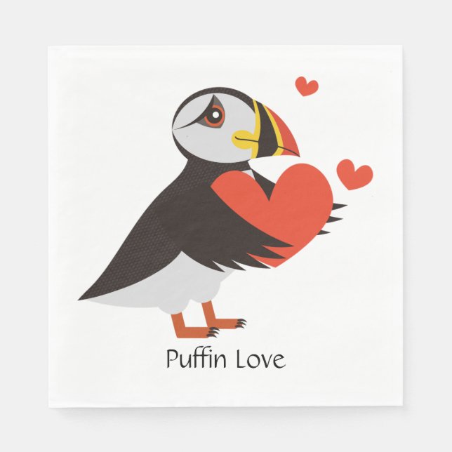Puffin Love Red Hearts Design Napkins (Front)