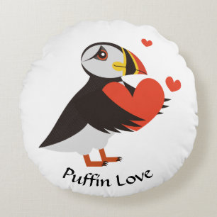 Puffin Love Red Hearts  Round Cushion