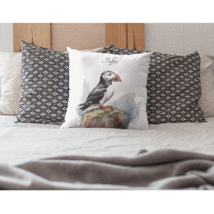Puffin on a Rock Watercolor, custom Cushion