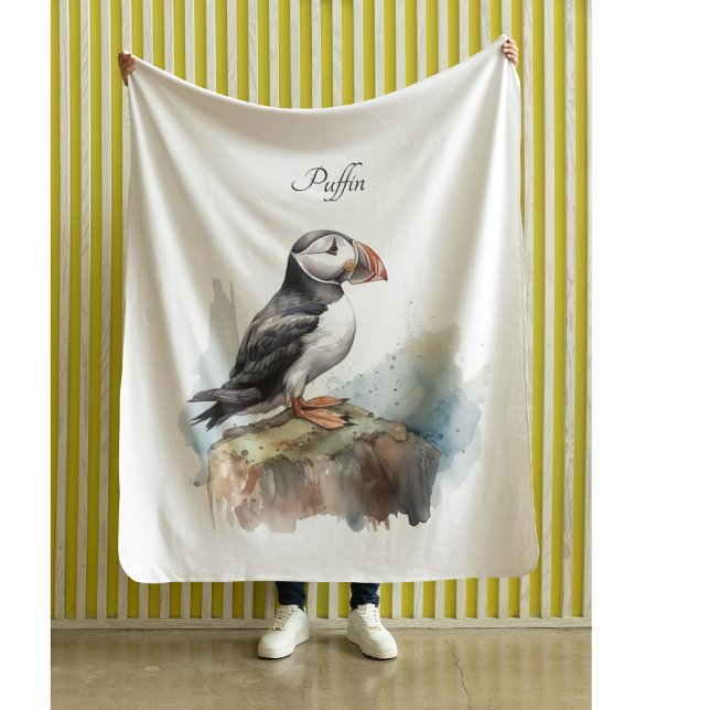 Puffin on a Rock Watercolor, custom Fleece Blanket (Creator Uploaded)