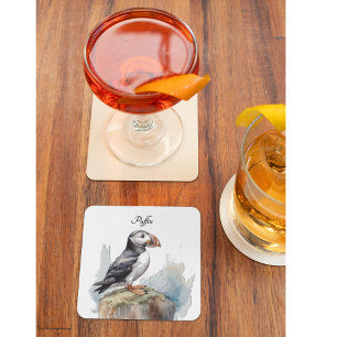 Puffin on a Rock Watercolor, custom Glass Coaster