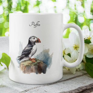 Puffin on a Rock Watercolor, custom Two-Tone Coffee Mug