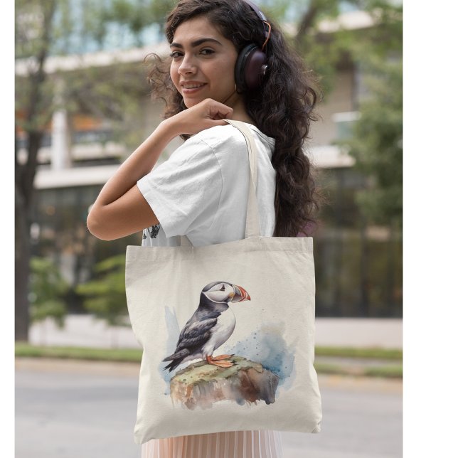 Puffin on a Rock Watercolor Tote Bag (Creator Uploaded)
