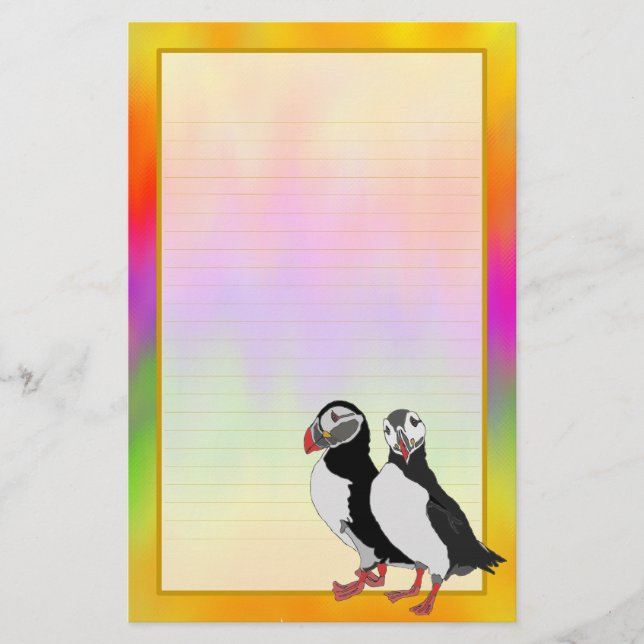 Puffin Pair Colourful Aurora Fine Lined Stationery (Front)