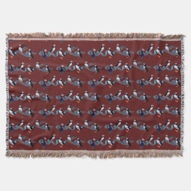 Puffin Party Throw Blanket (Burgundy) (Front)