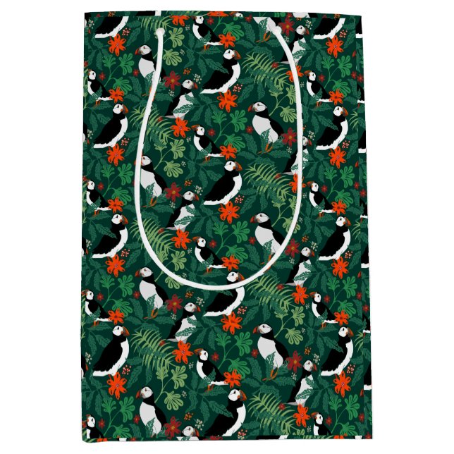 Puffin Pattern Lush Green Medium Gift Bag (Front)
