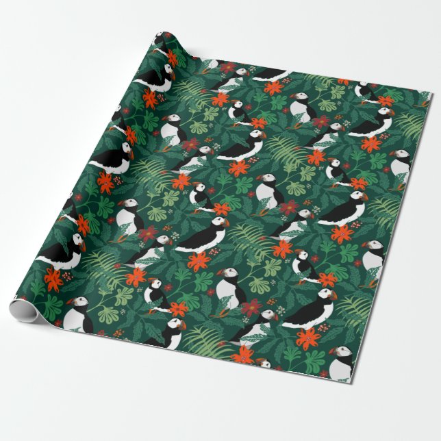 Puffin Pattern Lush Green Wrapping Paper (Unrolled)