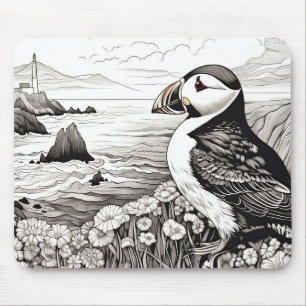 Puffin Peaceful Nature Cliff Sketch Drawing Style Mouse Pad