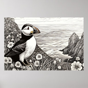 Puffin Peaceful Nature Cliff Sketch Drawing Style Poster