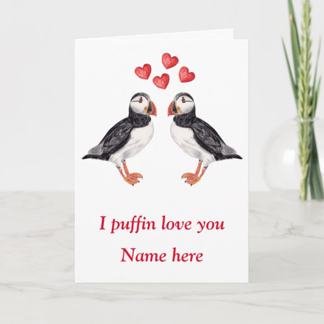 Puffin Valentine with hearts Holiday Card (Front)