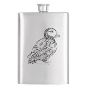 Puffin Wild Animal Nature Illustration Art Tattoo Hip Flask