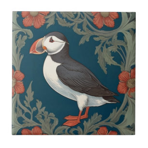 Puffin William Morris style Left Sea Marine Bird Ceramic Tile