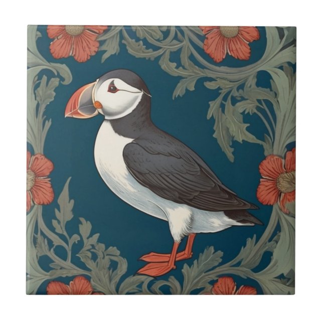 Puffin William Morris style Left Sea Marine Bird Ceramic Tile (Front)