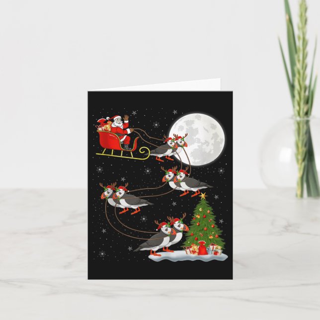 Puffins Bird Santa Sleigh Flying Funny Magical Chr Card (Front)