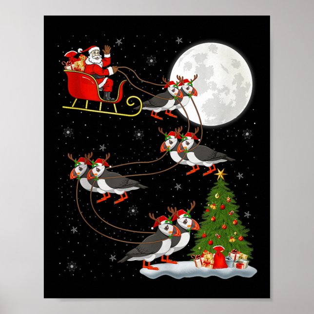 Puffins Bird Santa Sleigh Flying Funny Magical Chr Poster (Front)