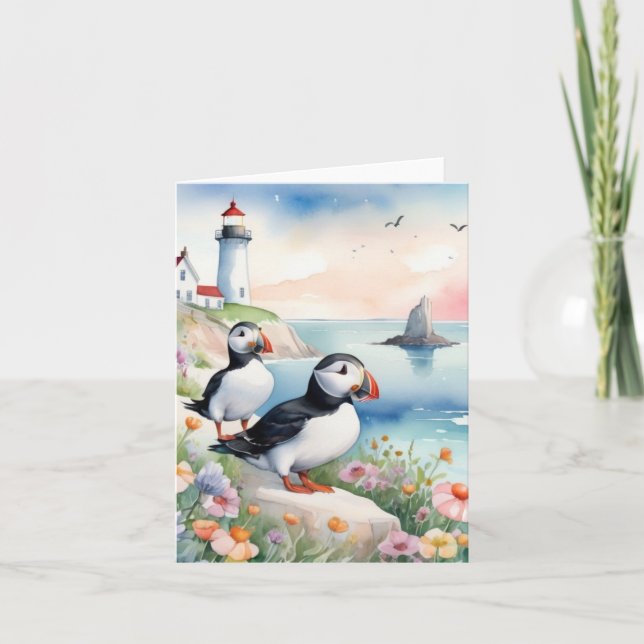 Puffins by the Sea - Ocean Flowers & Lighthouse Card (Front)