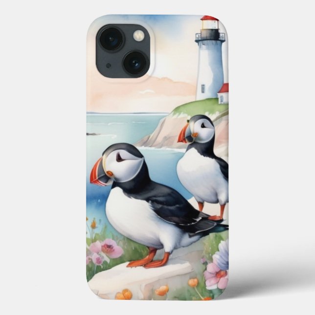 Puffins by the Sea - Ocean Flowers & Lighthouse Case-Mate iPhone Case (Back)