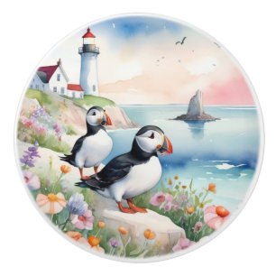 Puffins by the Sea - Ocean Flowers & Lighthouse Ceramic Knob