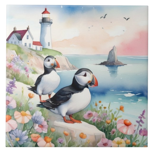 Puffins by the Sea - Ocean Flowers & Lighthouse Ceramic Tile (Front)