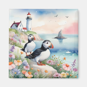 Puffins by the Sea - Ocean Flowers & Lighthouse Magnet