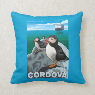 Puffins & Cruise Ship - Cordova, Alaska Cushion