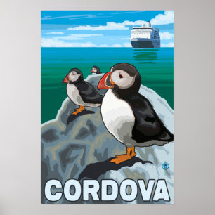 Puffins & Cruise Ship - Cordova, Alaska Poster