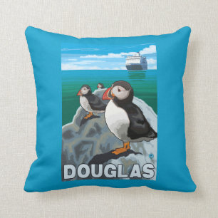 Puffins & Cruise Ship - Douglas, Alaska Cushion