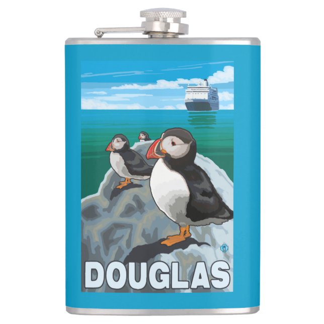 Puffins & Cruise Ship - Douglas, Alaska Hip Flask (Front)