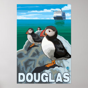 Puffins & Cruise Ship - Douglas, Alaska Poster