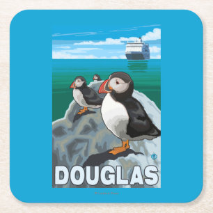 Puffins & Cruise Ship - Douglas, Alaska Square Paper Coaster