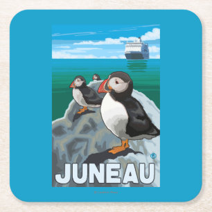 Puffins & Cruise Ship - Juneau, Alaska Square Paper Coaster
