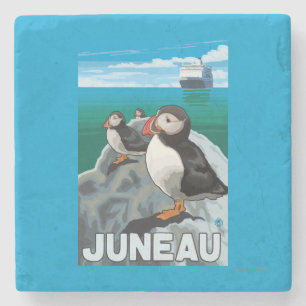 Puffins & Cruise Ship - Juneau, Alaska Stone Coaster