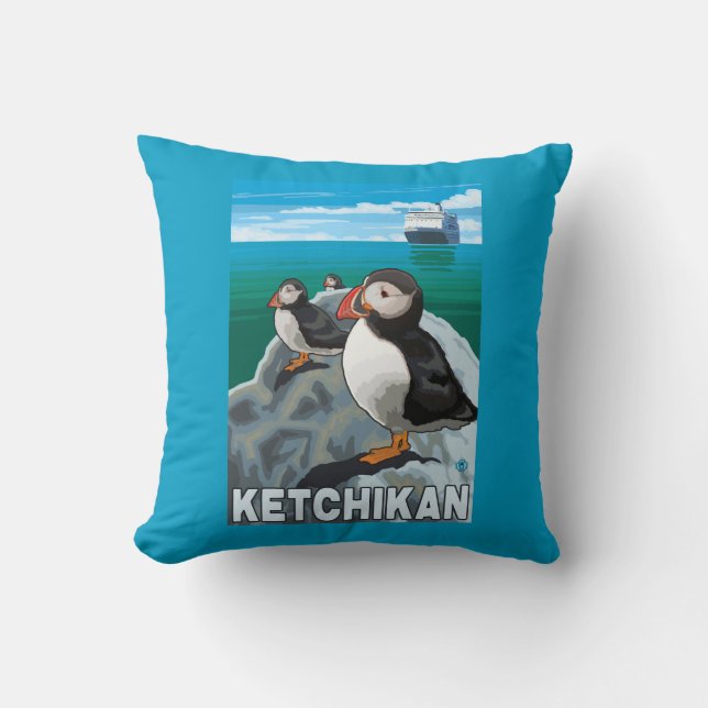Puffins & Cruise Ship - Ketchikan, Alaska Cushion (Front)