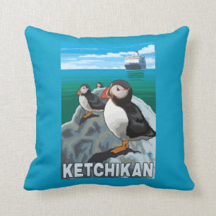 Puffins & Cruise Ship - Ketchikan, Alaska Cushion