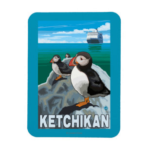 Puffins & Cruise Ship - Ketchikan, Alaska Magnet