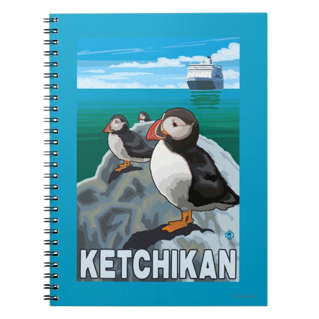 Puffins & Cruise Ship - Ketchikan, Alaska Notebook (Front)