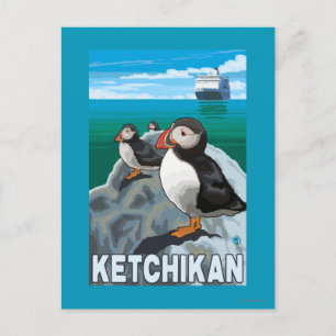 Puffins & Cruise Ship - Ketchikan, Alaska Postcard