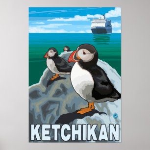 Puffins & Cruise Ship - Ketchikan, Alaska Poster
