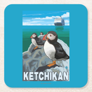 Puffins & Cruise Ship - Ketchikan, Alaska Square Paper Coaster