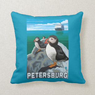Puffins & Cruise Ship - Petersburg, Alaska Cushion
