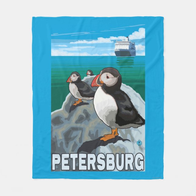 Puffins & Cruise Ship - Petersburg, Alaska Fleece Blanket (Front)