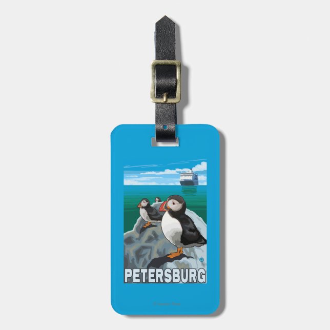 Puffins & Cruise Ship - Petersburg, Alaska Luggage Tag (Front Vertical)