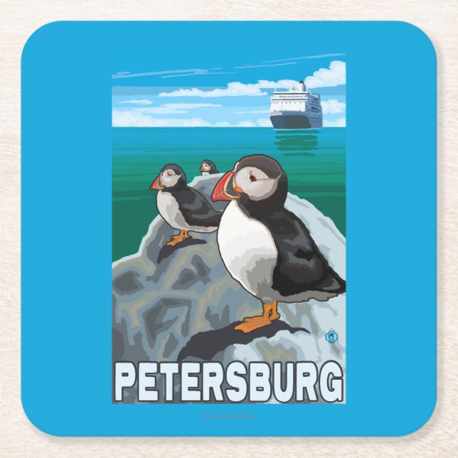 Puffins & Cruise Ship - Petersburg, Alaska Square Paper Coaster (Front)