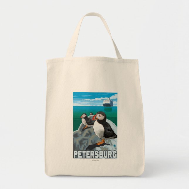Puffins & Cruise Ship - Petersburg, Alaska Tote Bag (Front)