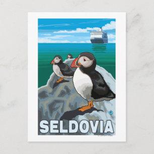 Puffins & Cruise Ship - Seldovia, Alaska Postcard