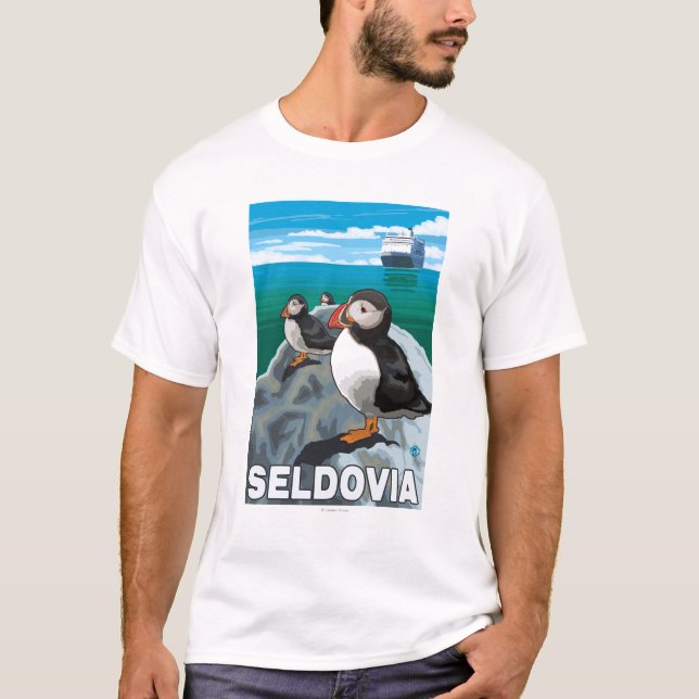 Puffins & Cruise Ship - Seldovia, Alaska T-Shirt (Front)