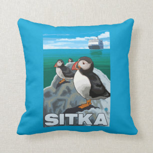 Puffins & Cruise Ship - Sitka, Alaska Cushion